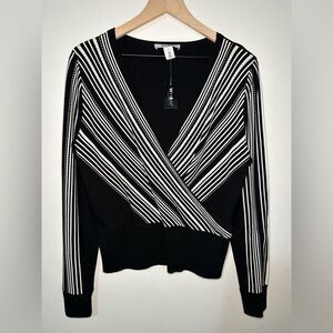 White House Black Market Stripes Long Sleeves Sweater SZ L V Neck White/Black